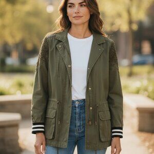 BKE Canvas Jacket Khaki Green Crochet Applique Sudded Snap Zip Front Long Sleeve